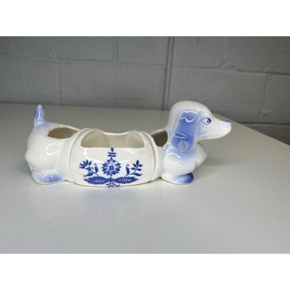 Vtg 1960's 3 Pc. Positional Blue Willow Dog Dachshund Planter Snack Tray Japan - Picture 9 of 15